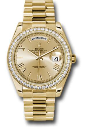 Replica Rolex Yellow Gold Day-Date 40 Watch 228348RBR Bezel Champagne Bevelled Roman Dial President Bracelet